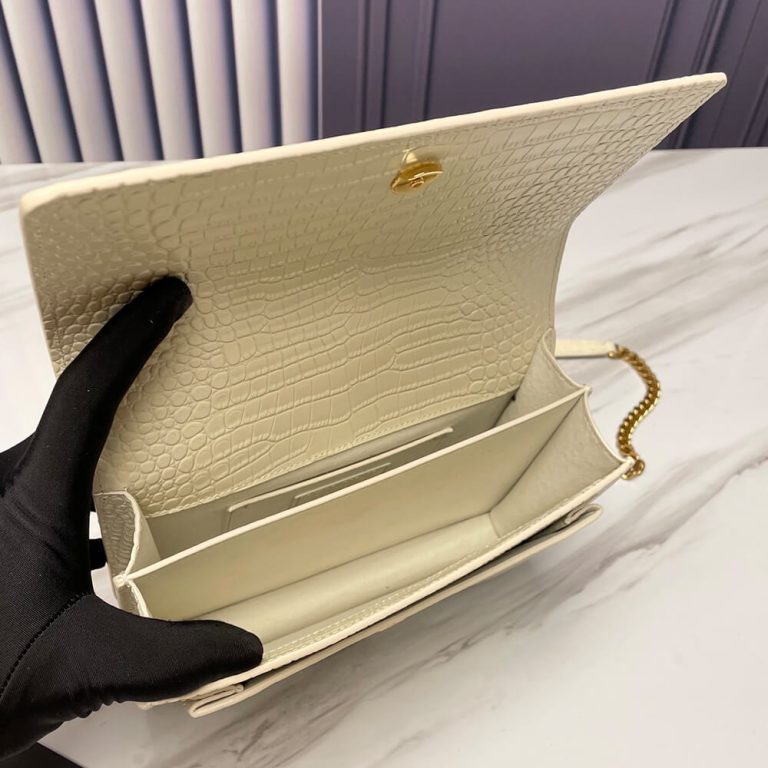 SUNSET MEDIUM CHAIN BAG IN CROCODILE-EMBOSSED SHINY LEATHER